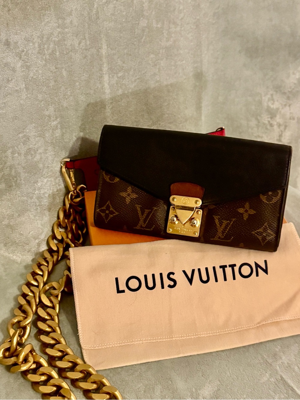 Louis Vuitton Black & Brown Wallet with Gold Hardware & crossbody chain